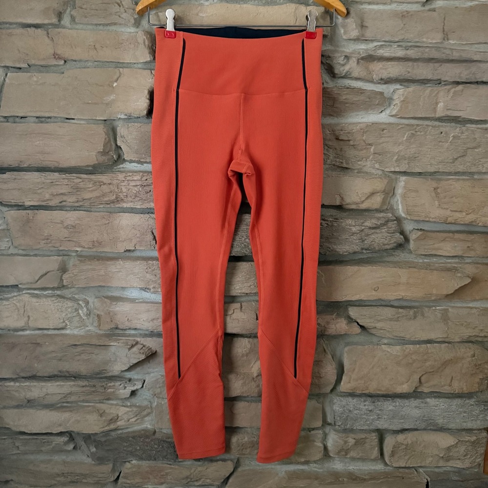 ZYIA Active Orange Ribbed High Waisted Leggings with Black Piping Womens Size XS